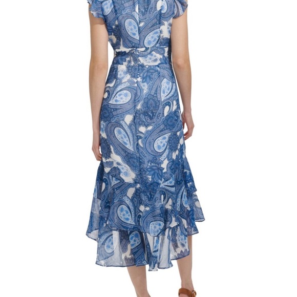 Tommy Hilfiger Chiffon Blue/White Paisley Flutter Sleeve Ruffle Hem Midi Dress 4 - Picture 2 of 5